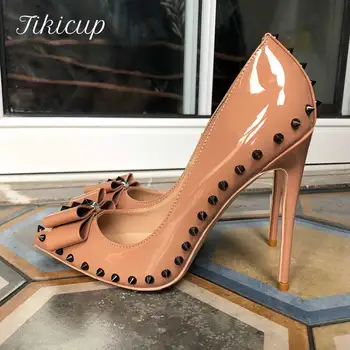 Tikicup голи Bowknot жени секси шипове патент шило помпи остри пръсти приплъзване на 8 см 10 см 12 см обувки на висок ток плюс размер 33-45