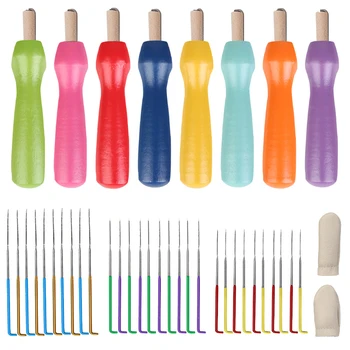 TLKKUE Цветна вълна плъстене игла комплект пръсти Дървена дръжка игла за вълна Roving влакна Handcraft DIY вълна плъстене инструмент