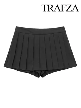 TRAFZA Женски висока улица секси плисирани поли твърди висока талия с подплата цип мини пола жени лятна мода шорти пола