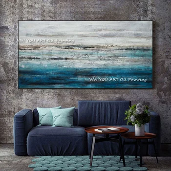 Wide Sea View Blue Sky Modern Abstract Oil Hand-Painted Canvas Wall Art Painting Abstract Art Picture for Living Room Home Decor