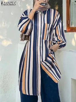 ZANZEA реколта райе отпечатани мюсюлманска блуза жена ревера врата дълъг ръкав върховете мода Ейд Мубарек риза елегантен парти Blusas