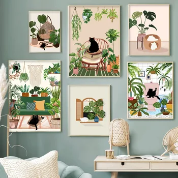 Абстрактен Зелени растения Черна котка стена изкуство платно живопис естетика плакати и отпечатъци стена снимки за Boho хол декор