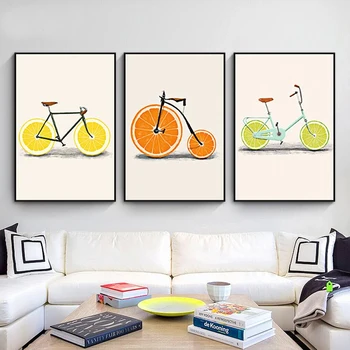 Абстрактен моден велосипед Лимонов портокалов плодов печат Картини от платно Кухненски декор Скандинавски шик плакати Минималистични картини за стена
