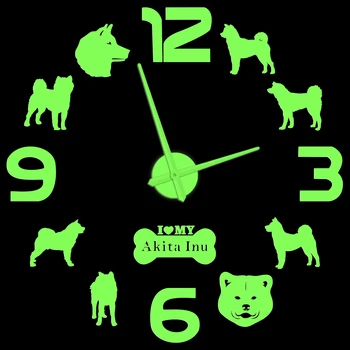 Акита Ину куче порода DIY стикери Светещ стенен часовник Японски Акита кученце животни светят в тъмно Гледайте за ветеринарна клиника Магазин за домашни любимци