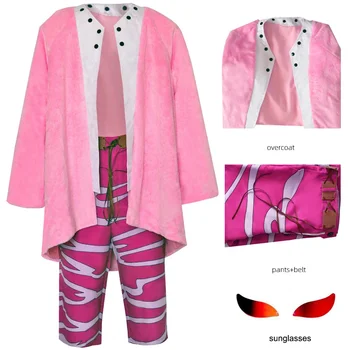 Аниме Донкихот Дофламинго косплей костюм очила аниме розова риза палто панталони костюми Хелоуин парти мъжки ролеви игри костюм