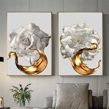 Бяла роза цвете платно живопис модерни флорални златни плакати и отпечатъци стена арт картини за хол декорация на дома