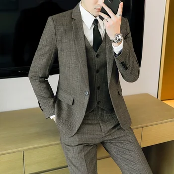 Висококачествен костюм (костюм + жилетка + панталон) Нов мъжки стилен и красив комплект от 3/2 части Smart Casual Four Seasons полиестер