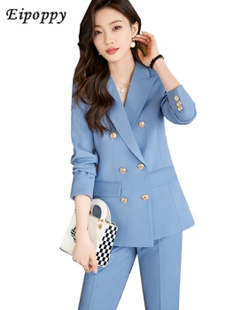 Висококачествен офис дамски панталон костюм син кайсия жени бизнес работа износване нетактичност яке и панталон женски официален 2 парче комплект