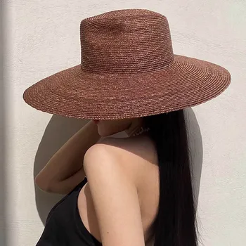 Голяма периферия Панама сламена шапка за жени висок клас сламени плажни шапки дами черно лято UV шапки пътуване слънцезащитен открит шапка
