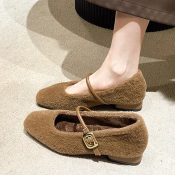 Дамски глезена Flats топли зимни ботуши 2024 Нов кратък велур квадратни пръсти обувки дизайнер стил елегантен мода парти женски обувки