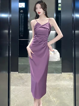 Дамски лилави луксозни лък прашка дълга рокля лятна мода шик елегантен Bodycon парти Vestidos 2023 корейски реколта вечерни рокли