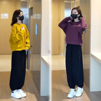 Дамски небрежен пуловер Пролет и Есен 2023 Мода Loose Pop Street Dance и Cool Tops Pants 2 Комплект от две части за жени