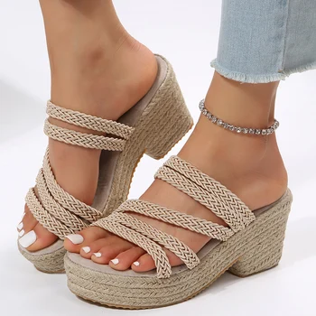 Дамски обувки 2023 Summer Espadrille Дамски тъкани клин чехли Дамски дебели еднолични неплъзгащи се плажни чехли Zapatillas De Mujer