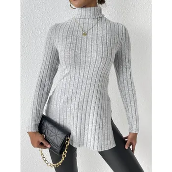 Дамски пуловер с високо деколте за есен зима Y2k Топ нов цепка тънък годни дъно риза ребро трикотажни T ризи Дамско облекло