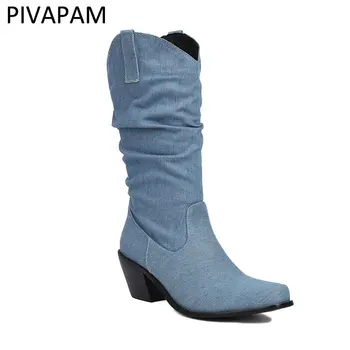 Дамски сини дънки ботуши квадратни пръсти блок петата буци токчета приплъзване на западните каубойски обувки сини дънкови обувки дами