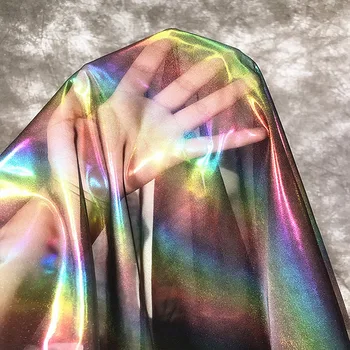 Добро качество дъга прежда лазерен градиент блясък плат тънък прозрачен марля DIY шиене лято секси рокля / творческо облекло