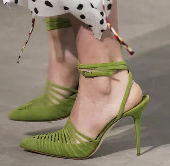 Елегантни зелени токчета дамски сандали 2019 Секси заострени пръсти глезена дантела нагоре кръст Strappy дамски сандали кухи сватбени обувки булка