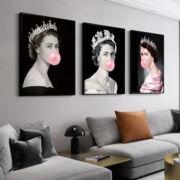 Елизабет II Портретно платно Живопис Bubblegum Queen Плакати и печат Cuadros Blowing Bubbles Wall Art Picture за хол