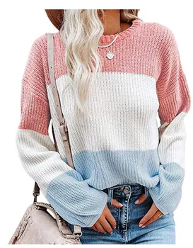 Есен и зима модни случайни хлабав темперамент контрастен цвят трикотажен пуловер фенер ръкав топ пуловер за жени