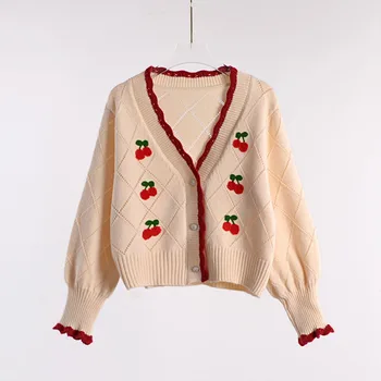 Жени пролет есен череша бродирани жилетки ретро елегантен сладък бутер ръкав пуловер къси плетени върхове