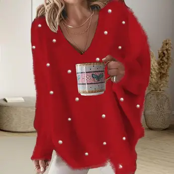 Жените v-образно деколте пуловер уютен стилен дамски зимен пуловер плюшени плета топчета украсени хлабав годни v-образно деколте пуловер за мека топло
