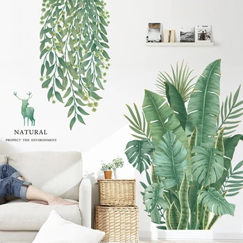 Зелени листа стена стикери за дома хол декоративни винил Decal тропически растения DIY дете врата стенописи тапет