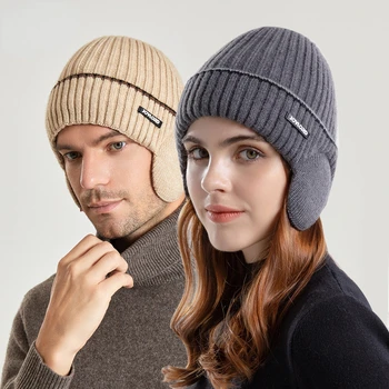 Зимни шапки за мъже и жени Унисекс плетена вълнена шапка Дебела руно облицована шапка с наушници Stretch мода зимни шапки пуловер капачка