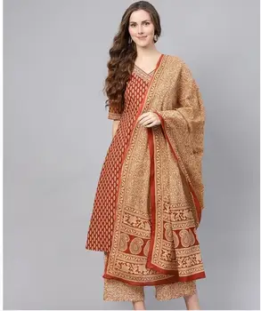Индийски внесени жени памук отпечатани 3-парче етнически облекло комплект