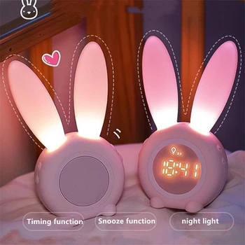 карикатура LED цифров будилник електронен LED дисплей звуков контрол заек нощна лампа бюро акумулаторен часовник