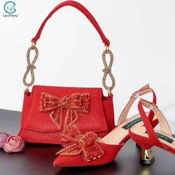 Карол парти Нигерия Rhinestone инкрустирани висок ток лък дизайн отворен ток сандали мода брак парти дамски обувки чанта комплект