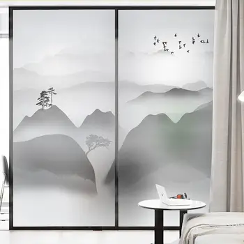 Китайски пейзаж балкон прозорец стикер, анти-поверителност, декоративна стъклена врата стикер, офис врата