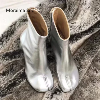 Кожени ботуши Tabi Черно бяло сребърно сплит-пръсти обувки глезена ботуши кръг нисък ток модерни ботуши за жени луксозни дизайнерски обувки