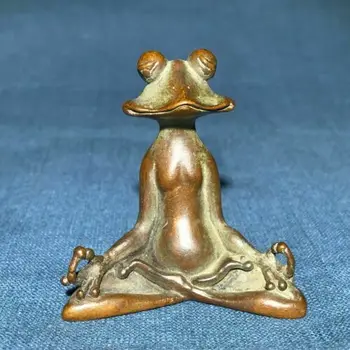 Колекционерска китайска стара медна чиста ръчна работа Седнете медитация жаба антична статуя