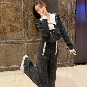 Красив комплект от две части за жени Корейски топ + панталон комплекти облекло моден анцуг 2023 бутон пачуърк дълъг бутер ръкав костюм нов