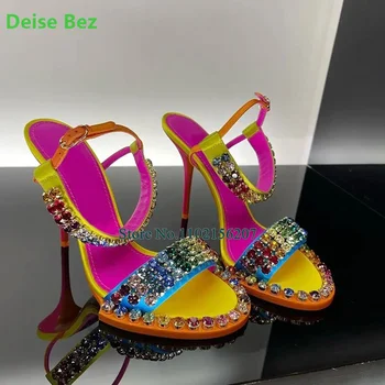 Кристал цветни луксозни дизайнерски сандали за жени тънки високи токчета кръгли пръсти глезена катарама каишка мода писта летни обувки