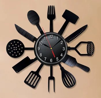 Кухненски прибори за хранене черен винил запис стенен часовник, творчески, ретро, 16 цвята, LED часовници, У дома, Живеене, Легло, Декорация на стаята