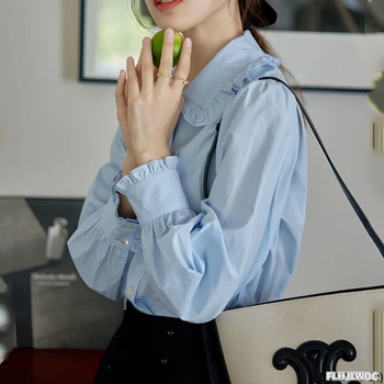 Къдри Сладък памук Питър Пан яка върхове блузи нов дизайн 2023 летни жени шик Корея случайни Япония момичета основни сини ризи