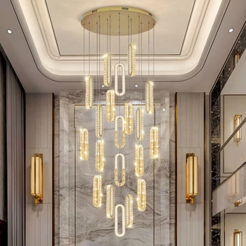 Луксозен дълъг светодиоден полилей за стълбище хол висящо осветително тяло домашен декор голям фоайе коридор кристален блясък лампи