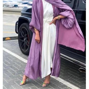 Лъскав сатен Abaya Мюсюлманска Турция Лятна бутер ръкав Кимоно отворена рокля Дубай Турция Арабски Jalabiya Рамадан Дамско облекло