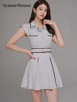 Лятна есенна пола костюм жени елегантен корейски мода къси върхове + A-линия мини пола прост случайни вечерно парти 2-парче комплекти