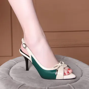 Лято 2023 Дамски сандали на високи токчета Модни контрастни панели Сандали на стилет Секси прашка Peep Toe токчета Луксозна рокля обувки