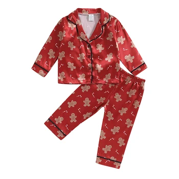 Малко дете бебе 2бр пижама комплект Коледа дълъг ръкав Gingerbread човек печат бутон нагоре риза и панталони комплект спално облекло