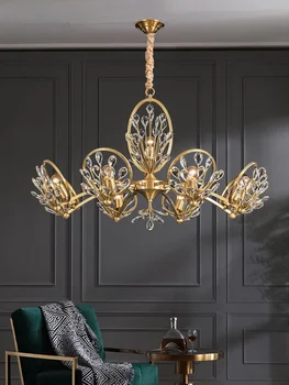 Медна кристална полилейна лампа в хола светлина Луксозни постмодерни идеи за ресторант Полилей изкуство спални лампи