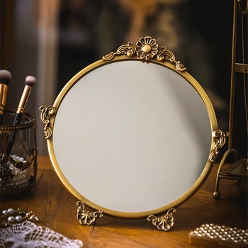 Месинг суета огледало настолен кръг огледало дома декорация реколта издълбани светлина луксозни съхранение тава месинг таблица орнаменти огледало
