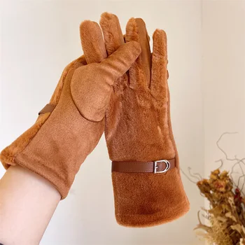 Мода елегантен велур сензорен екран запази топло зимата жените ръкавици имитират заек кожа мека ветроупорна кожа ключалката мека
