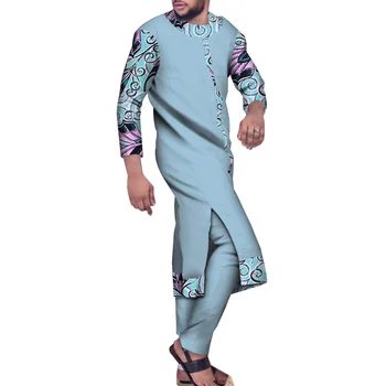 Нов дизайнер Африка стил мъже 2 броя комплекти Bazin Riche плюс размер африкански дрехи случайни мъже Топ дълъг халат и панталони комплект парти
