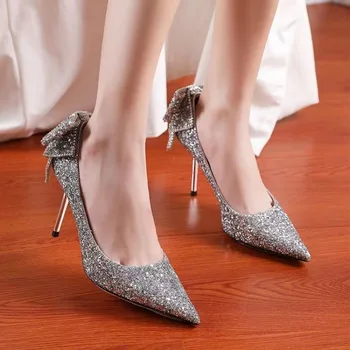 Нов заострен пръст шило пайети кристал лък декорация мода дамски обувки секси елегантен банкетно парти сватба високи токчета