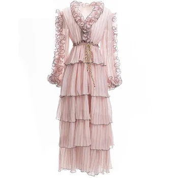 Нов моден дизайнер есен зима жени фенер ръкав колан райе розов елегантен празник парти торта рокли