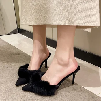 Нов пухкав високи токчета кожа жени чехли обувки 2024 пролет секси заострени пръсти парти обувки дизайнерски мулета прашка помпи женски