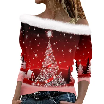 Нова дамска тениска Коледно дърво отпечатани дрехи за дами Зимна кожа яка Skew врата блуза хлабав фестивал пуловер върхове